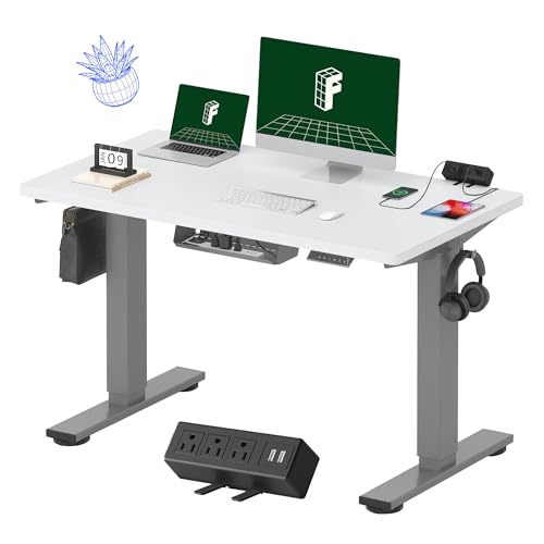 FLEXISPOT EN2 Whole-Piece Standing Desk with Clamp Power Strip, 48 x 24'' Electric Stand Up Height Adjustable Desk with Cable Management (Gray Frame + 48" White Desktop, 2 Packages)