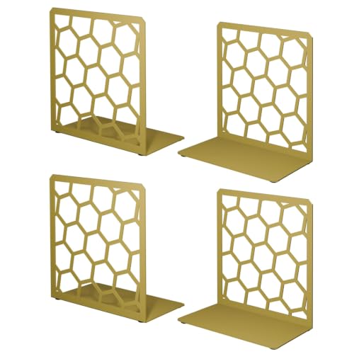 GEOMOD Geometric Honeycomb Gold Metal Bookends Decorative - Tall Sturdy Book Ends for Shelves - Modern Heavy Duty Bookend Stopper - Office or Home Book Shelf Book Holder - 6x3.25x6.25 Inches - 2 Pair