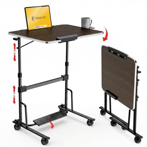 FoldWise Foldable Laptop Table - Wooden Height & Angle Adjustable Couch Table, Overbed Sturdy Portable Laptop Desk, Flat-Folding with Footrest, Cupholder, Edge Stopper Device & Tablet Holder