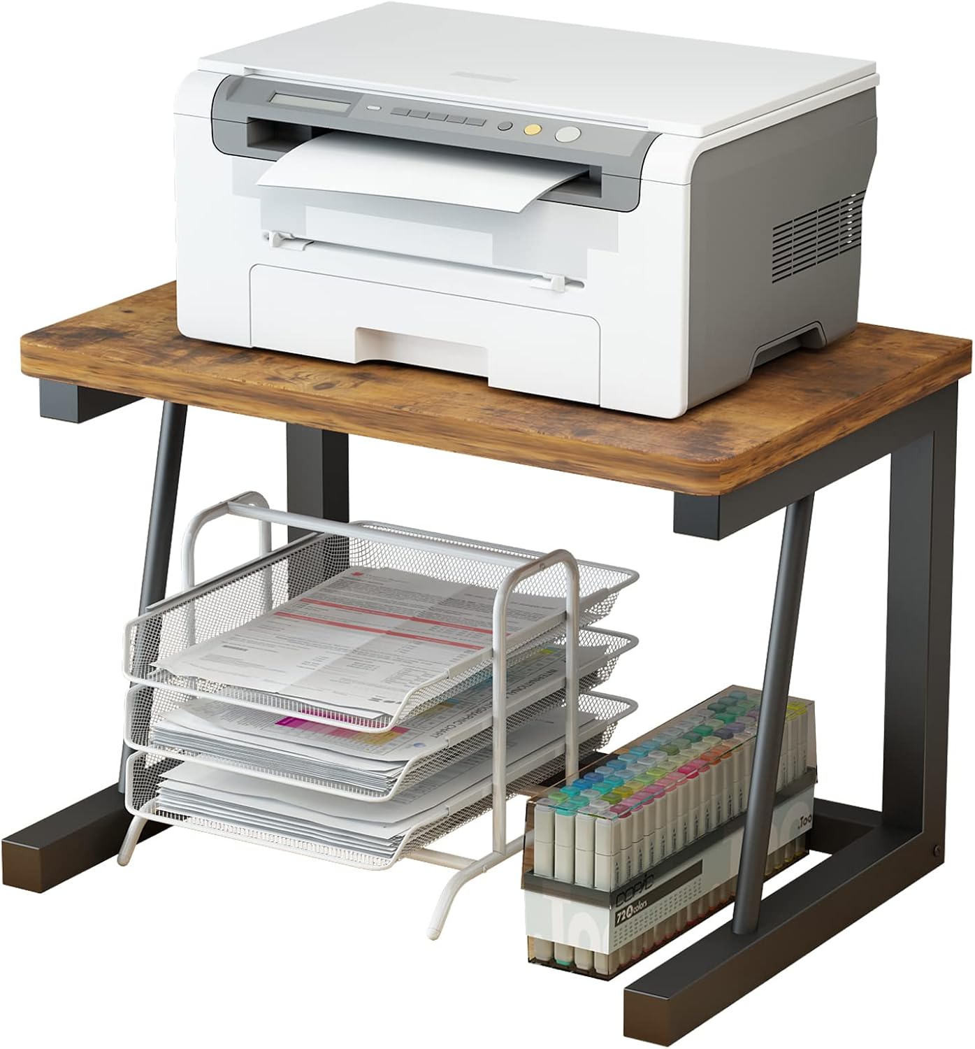 Desktop Printer Stand, 2-Tier Wood Rustic Printer Shelf for 3D & Laser Printer, Scanner, Copier, Durable Small Space Storage Organizer for Home Office Kitchen (2-Tier, Brown)