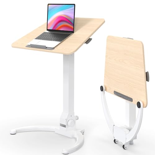 JOY worker Foldable Mobile Standing Desk, Pneumatic Height Adjustable Sit Stand Desk, 90 Tiltable Rolling Laptop Desk, Portable Cart with Wheels Non-Slip Mat for Home Office, Holds Up to 22lbs