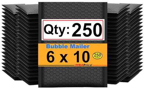 iMBAPrice 250-Pack #0 (6" x 10") Pure Black Color Self Seal Poly Bubble Mailers Padded Shipping Envelopes (Total 250 Bags)