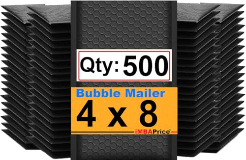 iMBAPrice 500-Pack #000 (4" x 8") Pure Black Color Self Seal Poly Bubble Mailers Padded Shipping Envelopes (Total 500 Bags)