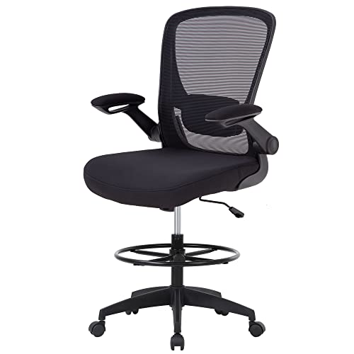 BestOffice Drafting Chair Tall Office Chair with Adjustable Foot Ring and Flip-Up Arms Computer Standing Desk Chair Executive Rolling Swivel Chair for Office & Home