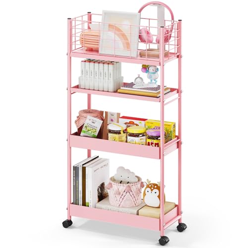 KINGRACK Slim Storage Cart, 4-Tier (Pink)