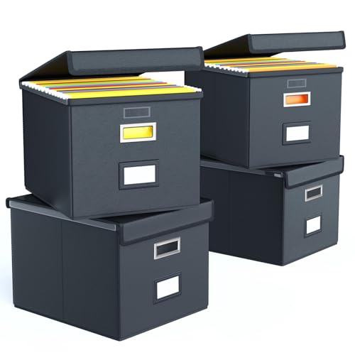 Huolewa Portable Leather File Organizer Boxes with Lids, Office Document Boxes Organizer, Filing Boxes, Decorative Small File Boxes for Hanging Files with Plastic Slide for Office/Decor/Home