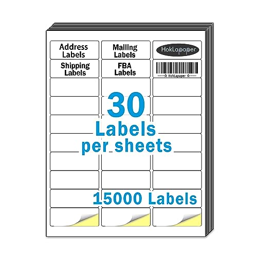 1" x 2-5/8" White Blank Mailing Address Labels, 15,000 Sticker Labels (500 Sheets), Laser/Inkjet Printer Compatible, Permanent Adhesive