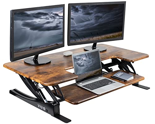 VIVO 42 inch Height Adjustable Stand Up Desk Converter, V Series, Quick Sit to Stand Tabletop Dual Monitor Riser Workstation, Rustic Vintage Brown Top, Black Frame, DESK-V000VLN