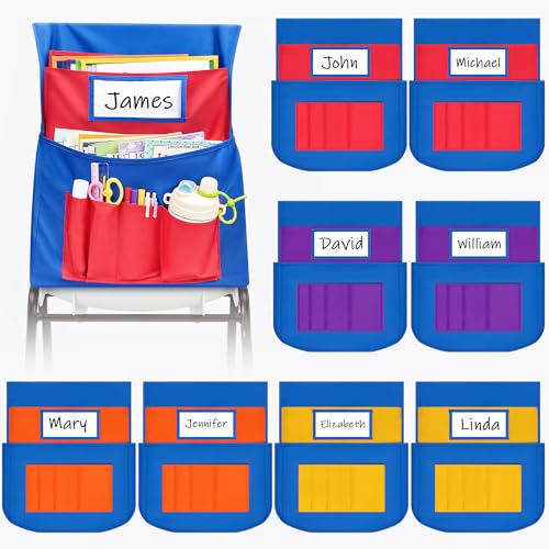 JoyCat Student Chair Pockets for Classrooms with Name Tags,School Seat Storage Covers Chairback Buddy Pocket Chart for Class Desk Organizer,Seat Sacks for Classroom Chairs k-2 (8)