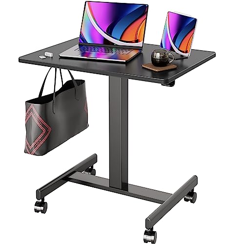 Claiks Mobile Standing Desk, Small Rolling Adjustable Desk with Wheels, Pneumatic Mobile Desks Workstation with Hook, Black