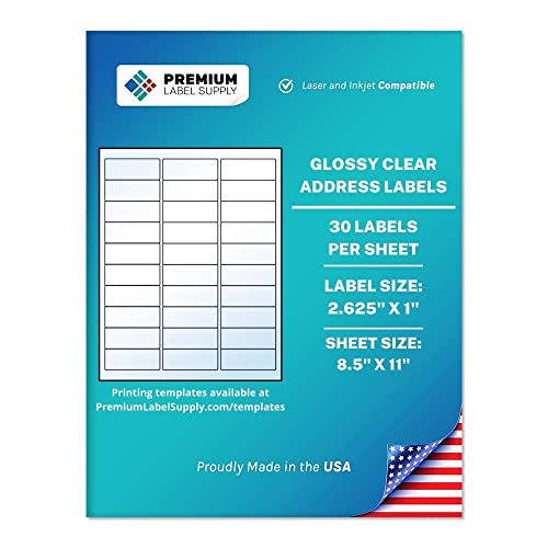 Premium Label Supply Glossy Clear Address Labels  2.625" x 1"  Laser/Inkjet Compatible  (30 per Sheet), 100 Sheets - 3,000 Total Adhesive Labels