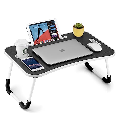 Foldable Laptop Table, Portable Lap Desk Bed Table Tray, Laptop Stand with Cup Holder & Tablet Slot & Lifting Handle for Working Writing Drawing & Eating (Black)
