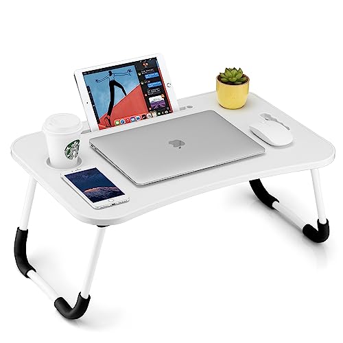 Foldable Laptop Table, Portable Lap Desk Bed Table Tray, Laptop Stand with Cup Holder & Tablet Slot & Lifting Handle for Working Writing Drawing & Eating (White)