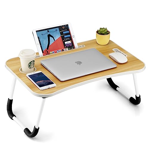 Foldable Laptop Table, Portable Lap Desk Bed Table Tray, Laptop Stand with Cup Holder & Tablet Slot & Lifting Handle for Working Writing Drawing & Eating (Wood)