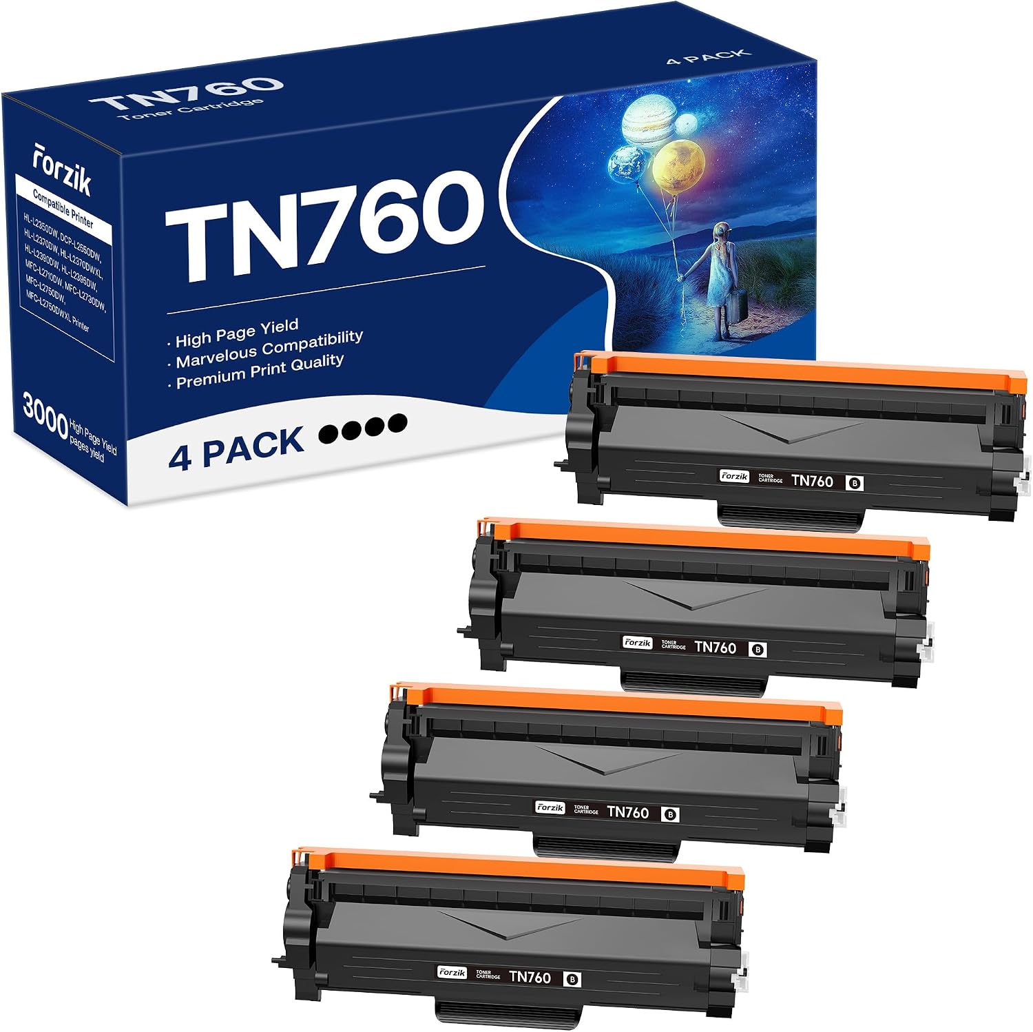 Forzik Compatible Toner Cartridge Replacement for Brother TN760 TN-760 TN730 TN-730 High Yield Compatible with DCP-L2550DW HL-L2350DW HL-L2370DWXL HL-L2395DW MFC-L2710DW Printer (4 Black)