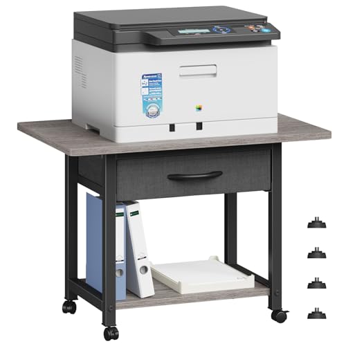 YAOHUOO 22"x15" Large Printer Stand with Storage Drawer, 2-Tier Under Desk Printer Table for Home Office, Printer Cart fit Fax Machine/3D Printer/Scanner(Gray)