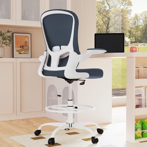 Drafting Chair, Tall Office Chair with Flip-up Armrests Executive Ergonomic Computer Standing Desk Chair, Office Drafting Chair with Lumbar Support and Adjustable Footrest Ring
