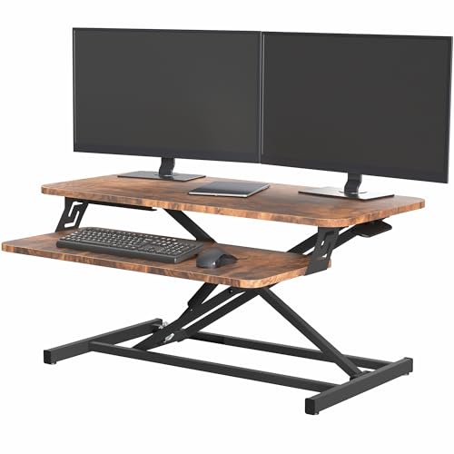 VIVO Height Adjustable 32 inch Stand Up Desk Converter, Quick Sit to Stand Tabletop Dual Monitor Riser Workstation, Rustic Vintage Brown Desktop, Black Frame, DESK-V000SN