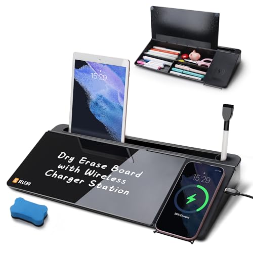 SELEAD Desktop Glass Whiteboard with Wireless Charger Station, Dry Erase Board Computer Pad Keyboard Stand with Organizer for Home, School, Office Desk Accessories, Black