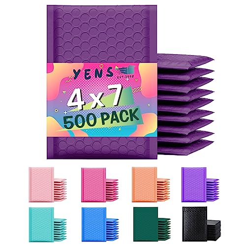 Yens Poly Bubble Mailers 4x8 500 Pack Purple Waterproof Self Seal Adhesive Shipping Bags, Cushioning Padded Envelopes for Shipping, Mailing, Packaging Usable 4x7