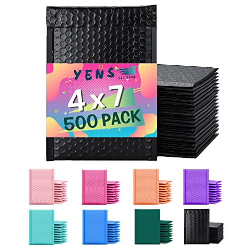 Yens Poly Bubble Mailers 4x8 500 Pack Black Waterproof Self Seal Adhesive Shipping Bags, Cushioning Padded Envelopes for Shipping, Mailing, Packaging Useable Space 4x7