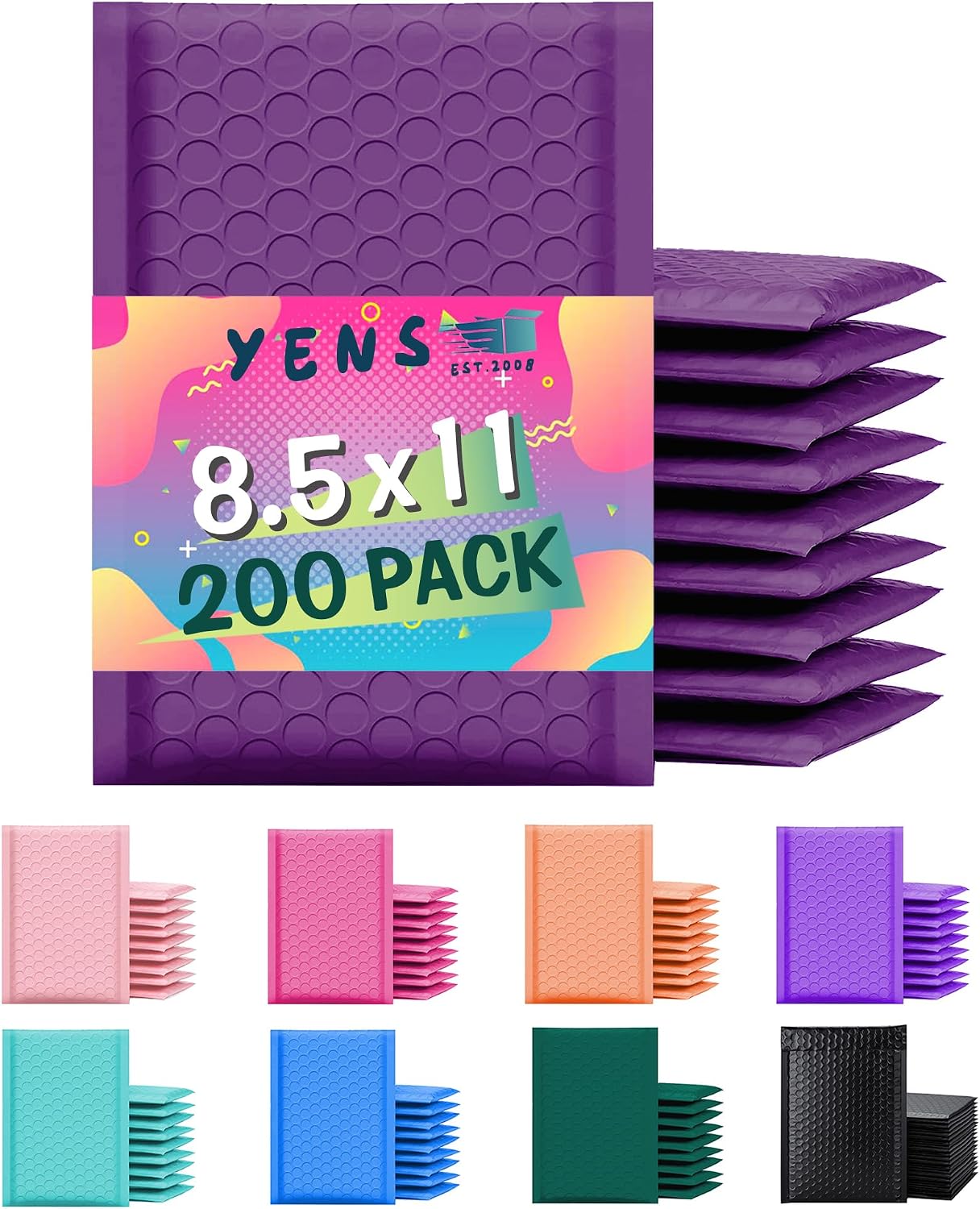 Yens Bulk Poly Bubble Mailers Waterproof Self Seal Adhesive Shipping Bags, Cushioning Padded Envelopes for Shipping, Mailing, Packaging (Purple, 8.5x12 200 pcs)