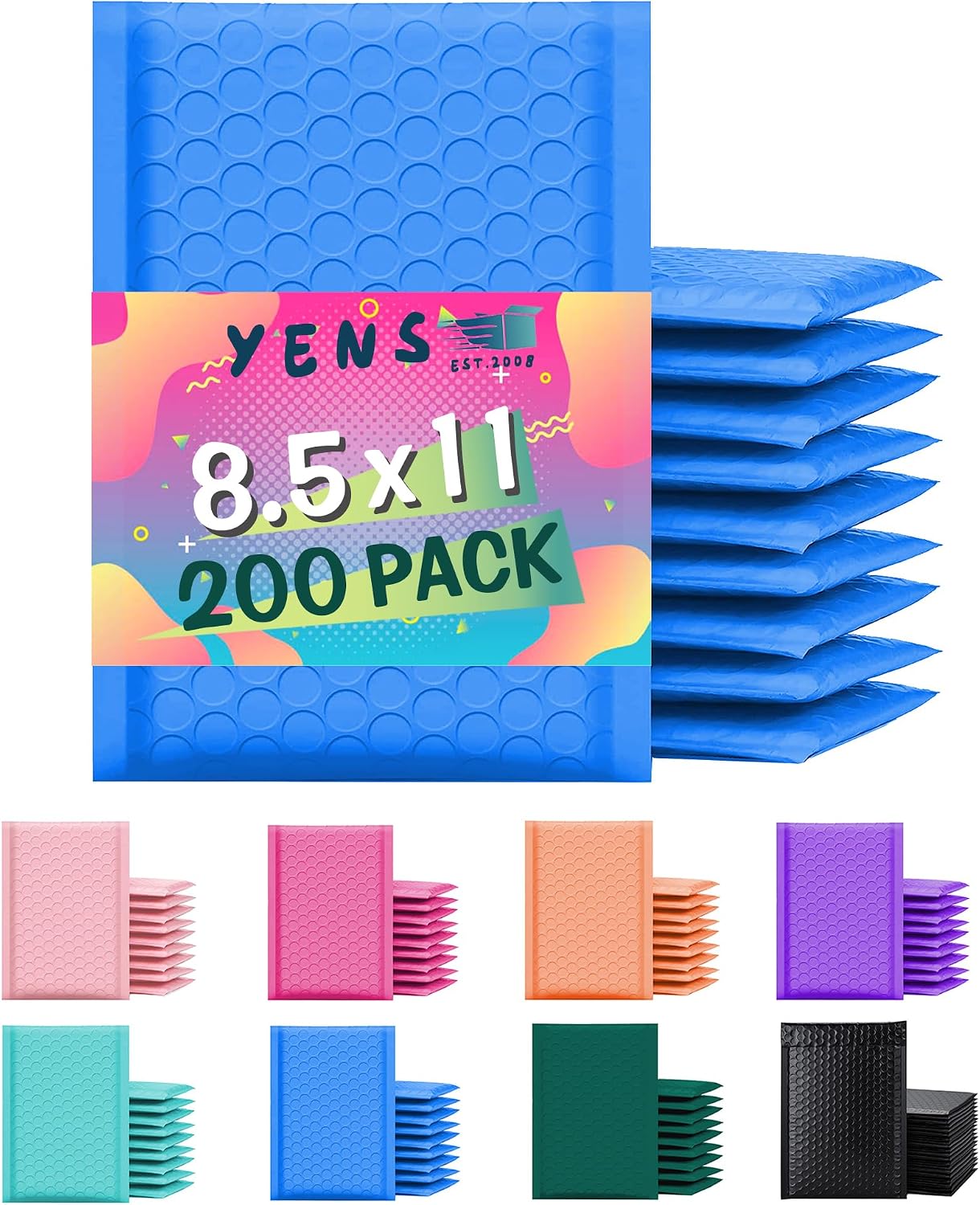 Yens Bulk Poly Bubble Mailers Waterproof Self Seal Adhesive Shipping Bags, Cushioning Padded Envelopes for Shipping, Mailing, Packaging (Blue, 8.5x12 200 pcs)