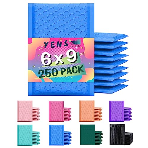 Yens Poly Bubble Mailers 6x10 250 Pack Blue Waterproof Self Seal Adhesive Shipping Bags, Cushioning Padded Envelopes for Shipping, Mailing, Packaging Usable 6x9
