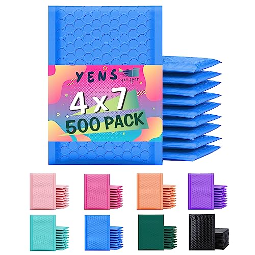 Yens Poly Bubble Mailers 4x8 500 Pack Blue Waterproof Self Seal Adhesive Shipping Bags, Cushioning Padded Envelopes for Shipping, Mailing, Packaging Usable 4x7