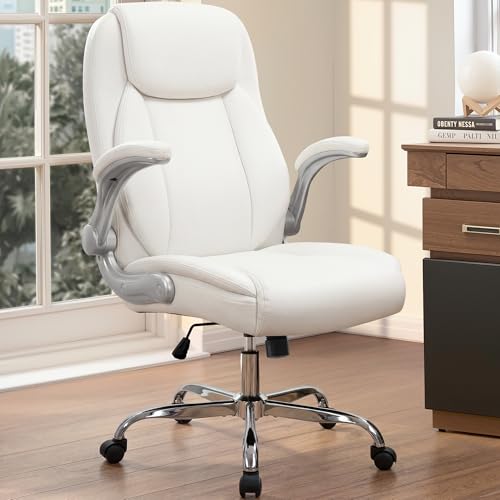NEO CHAIR Ergonomic Office Desk Gaming Computer Chair Executive High Back Support Flip-up Arms Adjustable Height Swivel Rolling Wheels Comfy PU Leather for Home (White)