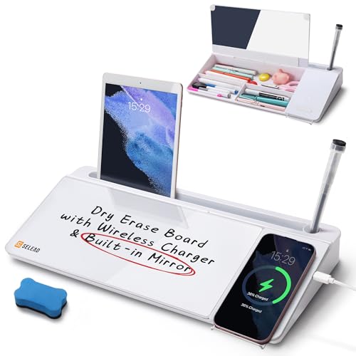 SELEAD Desktop Glass Whiteboard with Wireless Charger Station & Built-in Mirror, Dry Erase Board Computer Pad Keyboard Stand with Organizer for Home, School, Office Desk Accessories, White