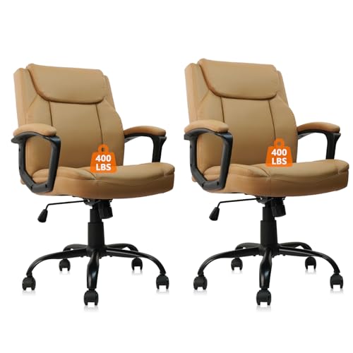 CLATINA Brown Office Computer Chair PU Leather Executive Office Chair Swivel Adjustable Height Chairs with Upholstery Fixed armrest Mid-Back Leather Thick Cushion Office Chairs Brown 2Pack