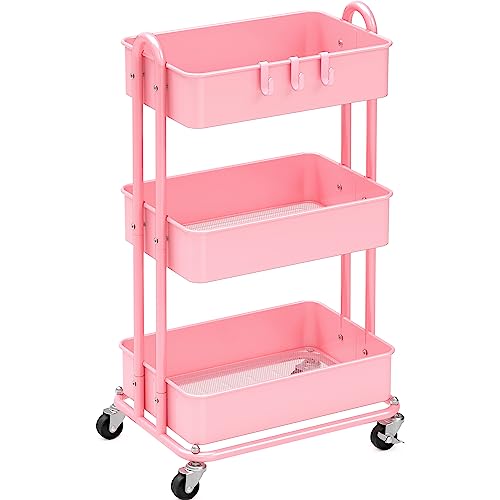 Simple Houseware 3-Tier Metal Utility Rolling Cart (Pink)