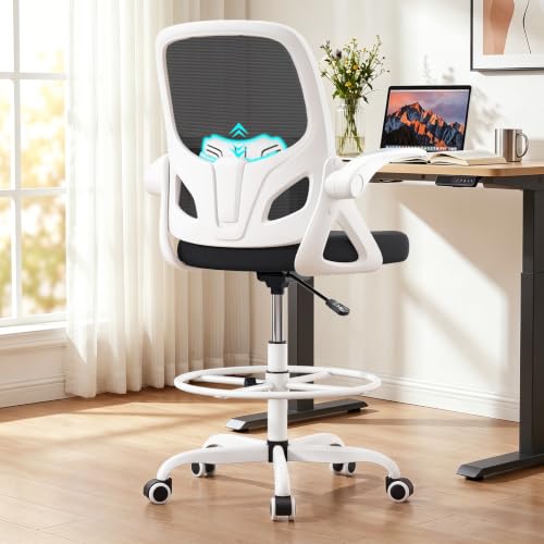 Tall Drafting Chair with Footrest Ring for Home and Work, Ergonomic Home Desk Office Chair with Flip up Arms and Lumbar Support, Extended Height Executive Desk Office Chair(White)