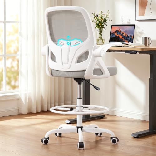 Tall Drafting Chair with Footrest Ring for Home and Work, Ergonomic Home Desk Office Chair with Flip up Arms and Lumbar Support, Extended Height Executive Desk Office Chair(Gray)