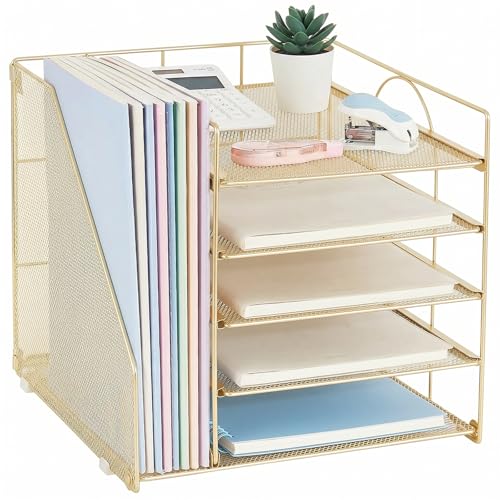 Desk Organizers and Accessories, 5-Tier Paper Letter Tray Organizer with File Holder, Desktop Organizer for Office Supplies (Gold)