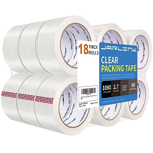 JARLINK Clear Packing Tape (18 Rolls), Heavy Duty Packaging Tape for Shipping Packaging Moving Sealing, 2.7mil Thick, 1.88 inches Wide, 60 Yards Per Roll, 1080 Total Yards