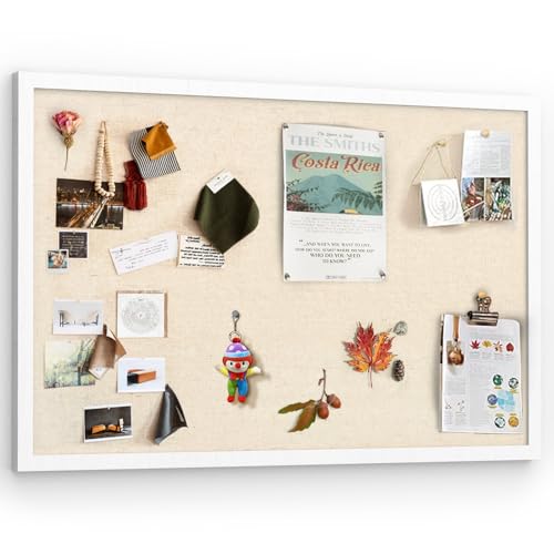 Miratino Large Bulletin Board 30x20 inch with Linen Cork Boards Wall Decor Hanging Pin Wood Framed Display Bulletin Cork Photo Picture Board Light for Room School Office 20-Pushpin Vintage White