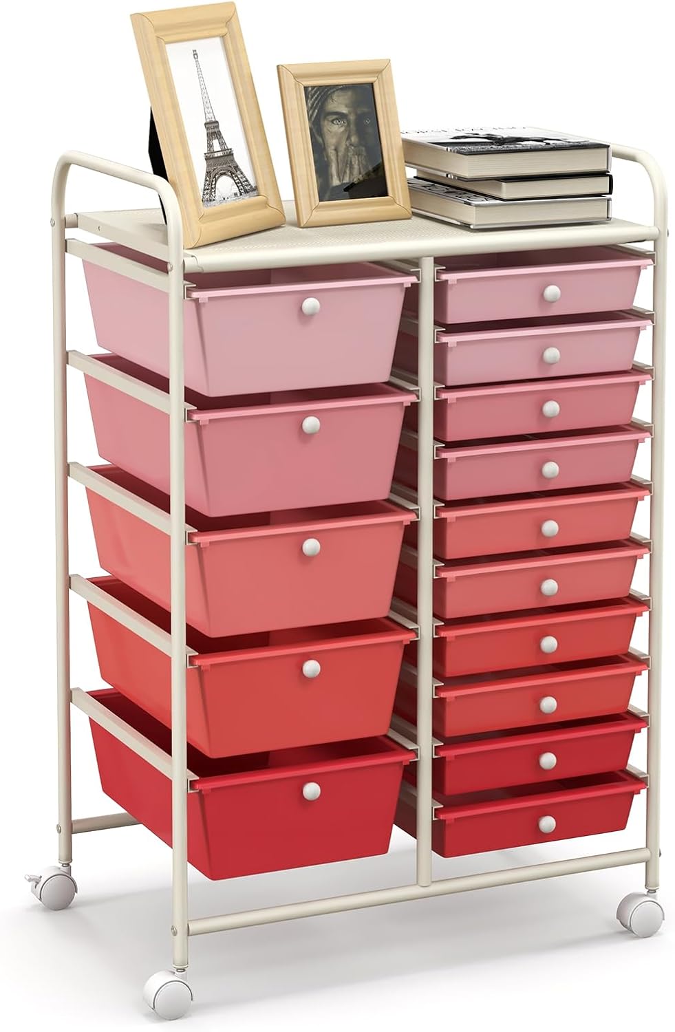 HAPPYGRILL 15-Drawer Rolling Cart (Pink)