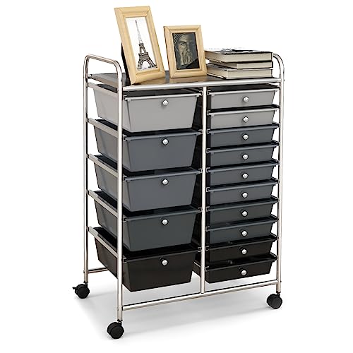 HAPPYGRILL 15-Drawer Rolling Cart, Storage Carts with Removable Drawers & Steel Frame, Utility Cart on Lockable Wheels for Home, School, Office, Black Gradient