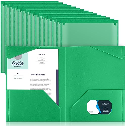 Henoyso 36 Pcs Plastic Folders with Clear Front Pockets Heavy Duty File Folders with 2 Pockets and Card Slot for Student Communication School Office Presentation Report (Green)