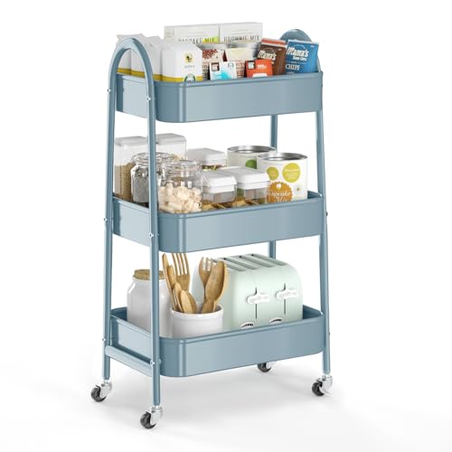 3 Tier Utility Rolling Cart, EAGMAK Metal Storage Cart with Handle and Lockable Wheels, Multifunctional Storage Organizer Trolley with Mesh Baskets for Kitchen, Living Room, Office, Garage (Blue)