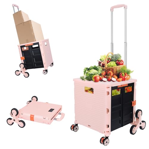 FELICON SELORSS Folding Utility Cart Portable Rolling Crate Handcart with Stair Climbing Wheels&360Swivel Wheels Telescoping Handle Plastic Box Dolly for Travel Shop Move Office Teacher Use(Pink)