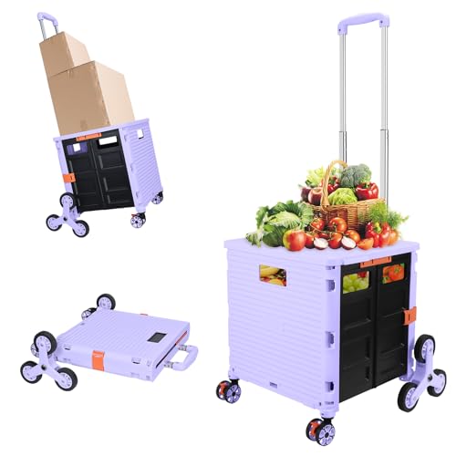 FELICON SELORSS Folding Utility Cart Portable Rolling Crate Handcart with Stair Climbing Wheels&360Swivel Wheels Telescoping Handle Plastic Box Dolly for Travel Shop Move Office Teacher Use(Purple)