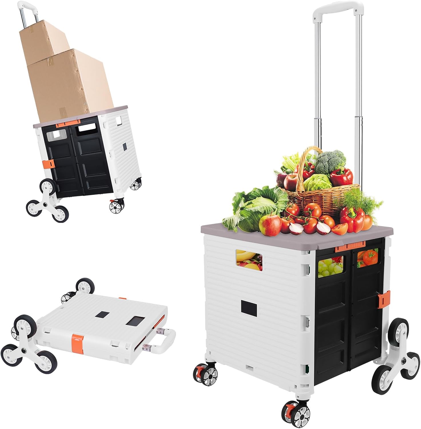 FELICON SELORSS Folding Utility Cart Portable Rolling Crate Handcart with Stair Climbing Wheels&360Swivel Wheels Telescoping Handle Plastic Box Dolly for Travel Shop Move Office Teacher Use(White)