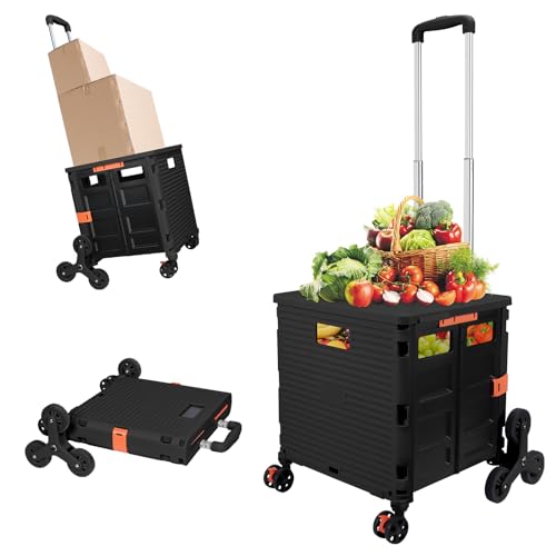 FELICON SELORSS Folding Utility Cart Portable Rolling Crate Handcart with Stair Climbing Wheels&360Swivel Wheels Telescoping Handle Plastic Box Dolly for Travel Shop Move Office Teacher Use(Black)
