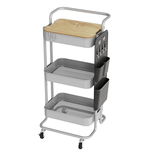 DTK 3 Tier Metal Utility Rolling Cart with Table Top and Side Bags, Tray Storage Organizer Wheels, Art Craft 4 Hooks for Kitchen Bathroom Office Living Room(Grey)