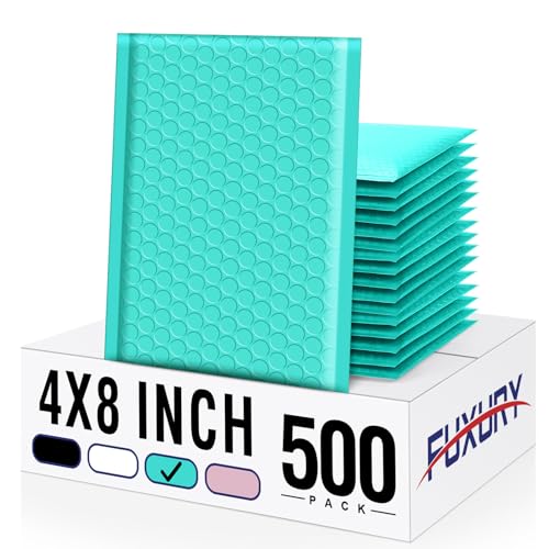 Fuxury Small Bubble Mailers 4x8 Inch 500 Pack, Teal Bubble Mailer, Self Seal Padded Envelopes Gifts Mailing Envelopes Bubble Padded for Shipping, Small Business Bulk