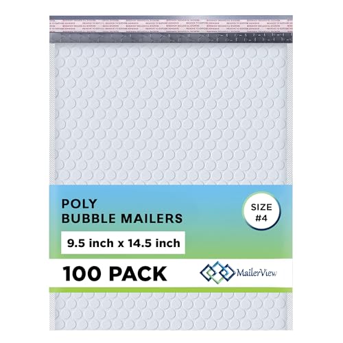White Large Poly Bubble Mailers 9.5x14.5 inch #4 | Self Seal Padded Envelopes Cushioned Bubble Mailer | Usable Size 9.5x13.5 | WaterProof | Lightweight mailing Shipping Bags | 100 Pack Bulk | USA Made