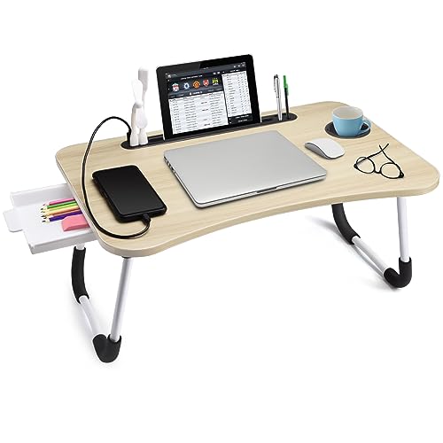 Slendor Lap Desk with Tablet Slot, Foldable Laptop Table with Storage Drawer,Portable Bed Desk for Laptop, Computer Tray with Cup Holder Notebook Stand Reading Holder for Couch Floor, White Maple